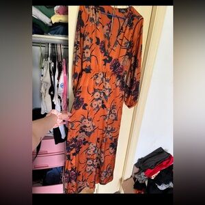 Orange Floral Print Satin Wide-Leg Jumpsuit